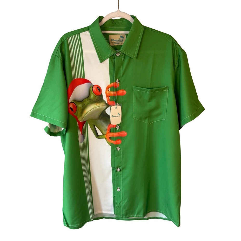 Royaura Hawaiian Tropical Frog Graphic Short-Sleeve Shirt - Green Size L Resort